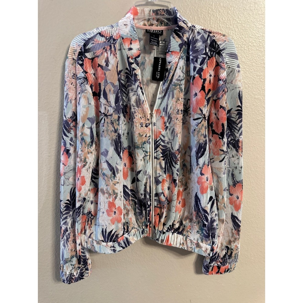 SOHO APPAREL‎ LTD Womens Zip Up Jacket Floral Print Pleated Lightweight Size L